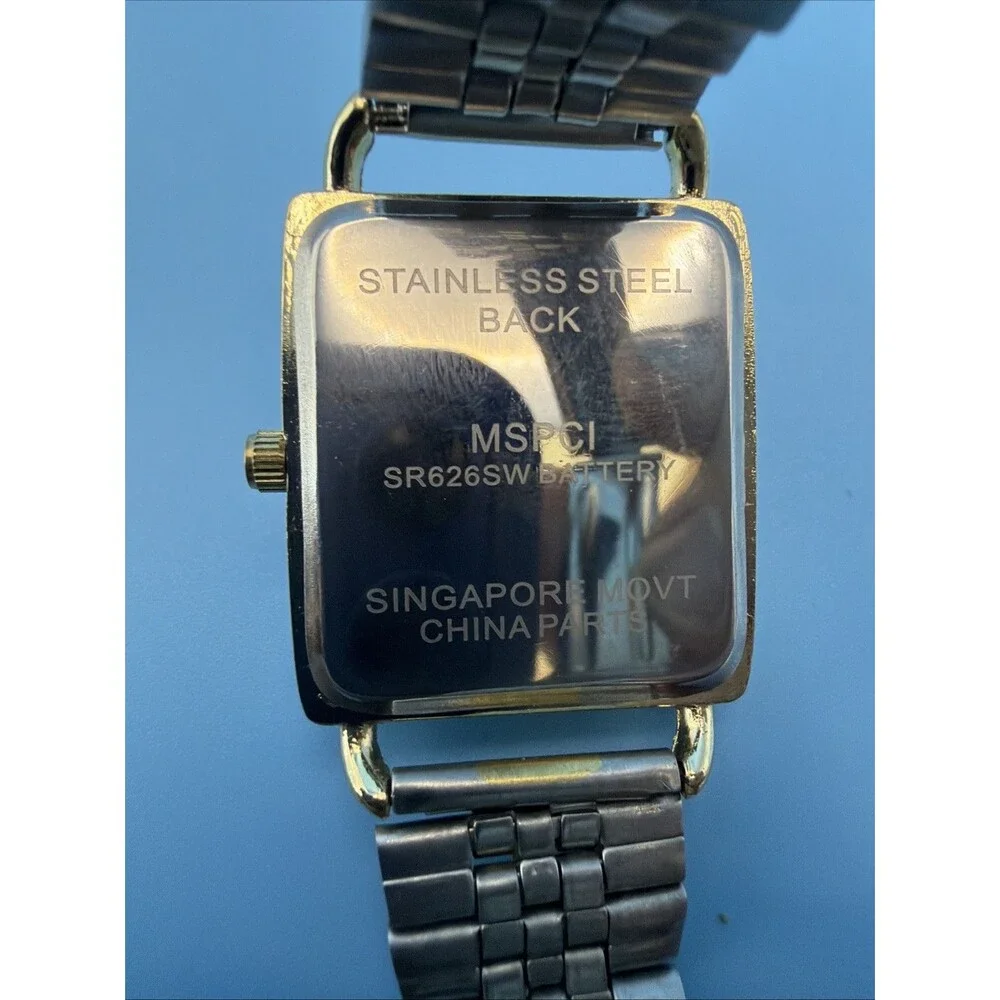 Gold Rectangular Watch Quartz JAPAN Movement Two Tone Band